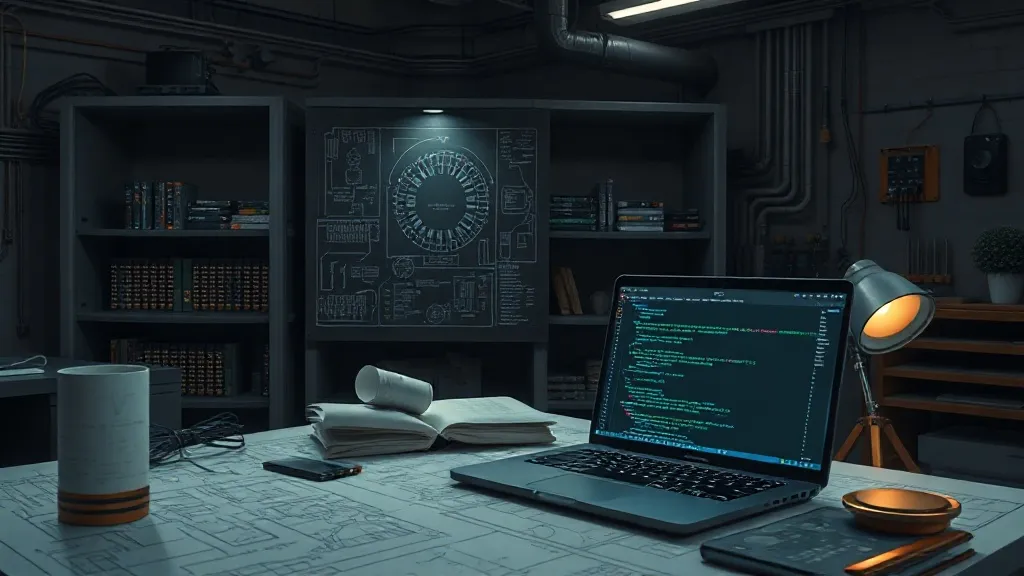 High-tech engineering workspace with blueprints, electronic