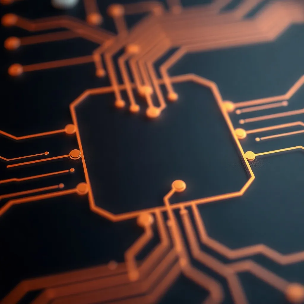 Close up of a 3D logic gate diagram, glowing bronze lines on