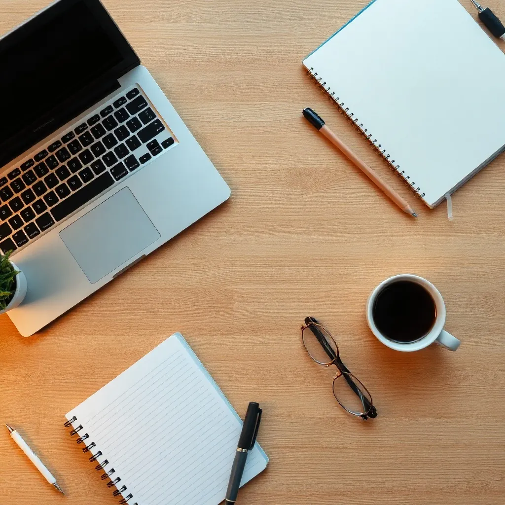 Professional workspace with a laptop, a notebook, and a coff